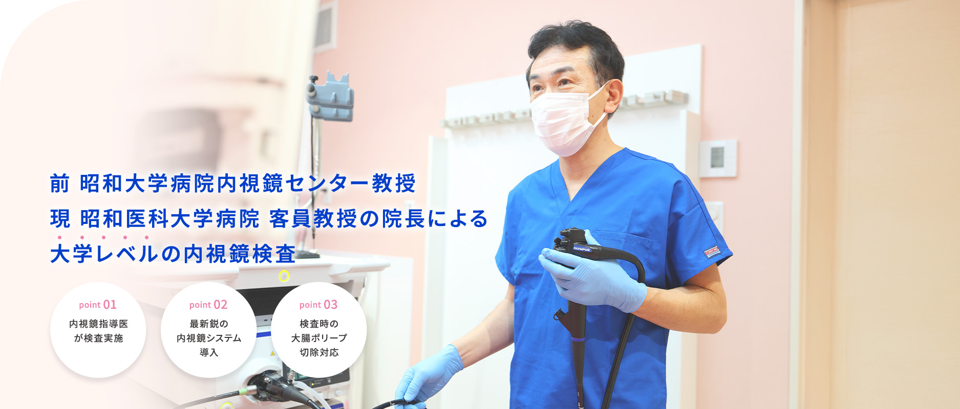 前昭和大学病院内視鏡センター教授 現昭和医科大学病院客員教授の院長による 大学レベルの内視鏡検査